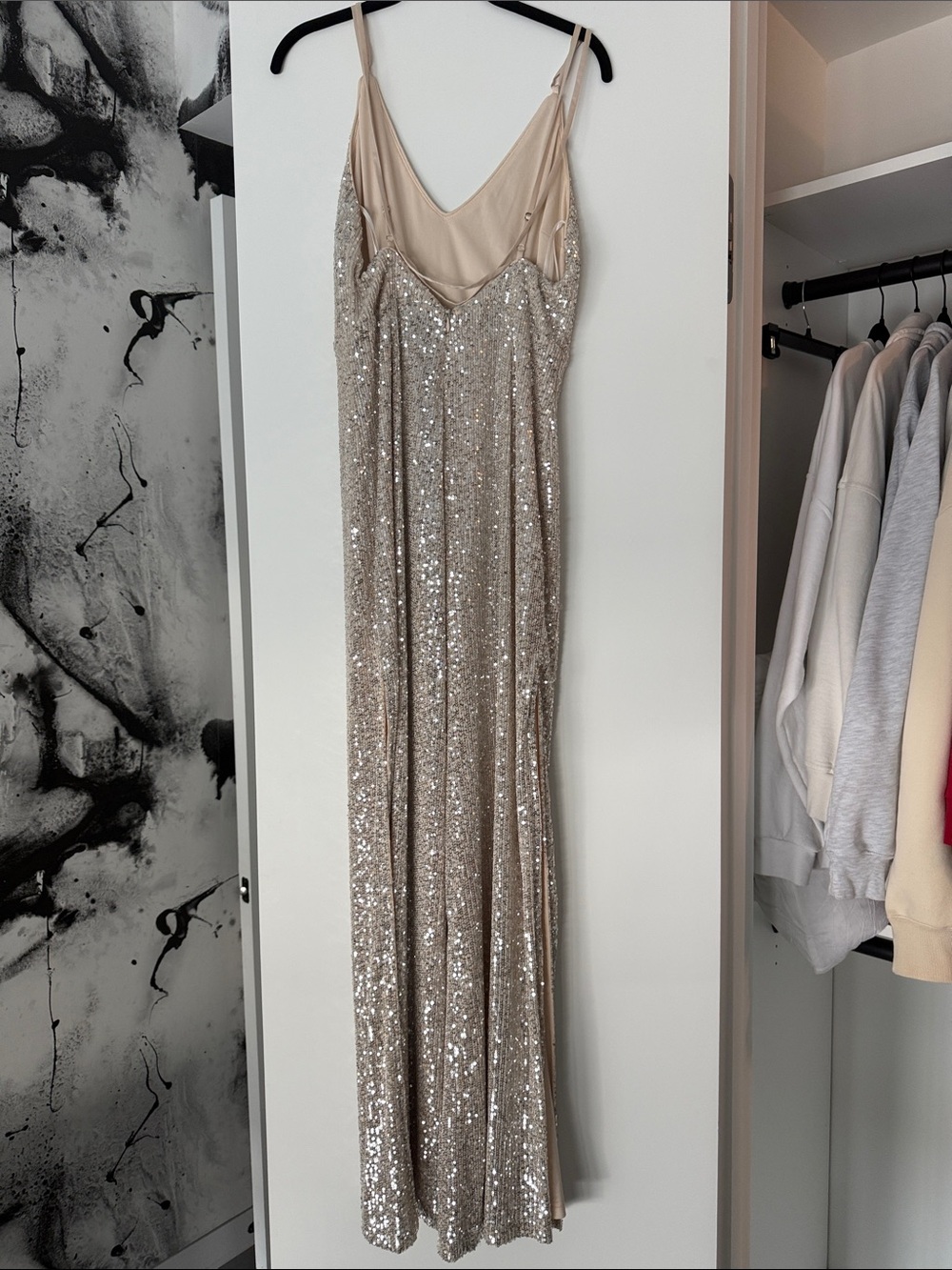 Sequin Champagne Jumpsuit, Slit Wide Leg, L - Picture 5 of 7